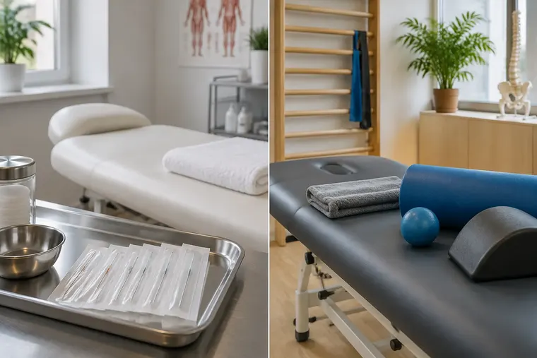 Gegenüberstellung: links Akupunktur, rechts Chiropraktik