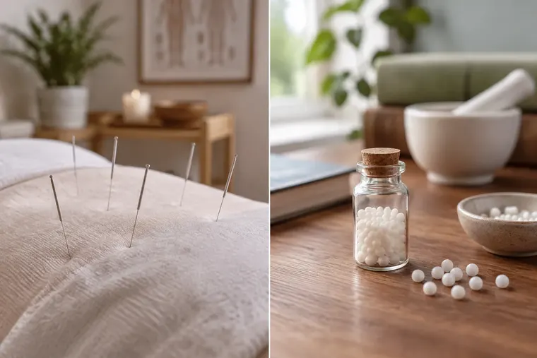 Gegenüberstellung: links Akupunktur, rechts Homöopathie