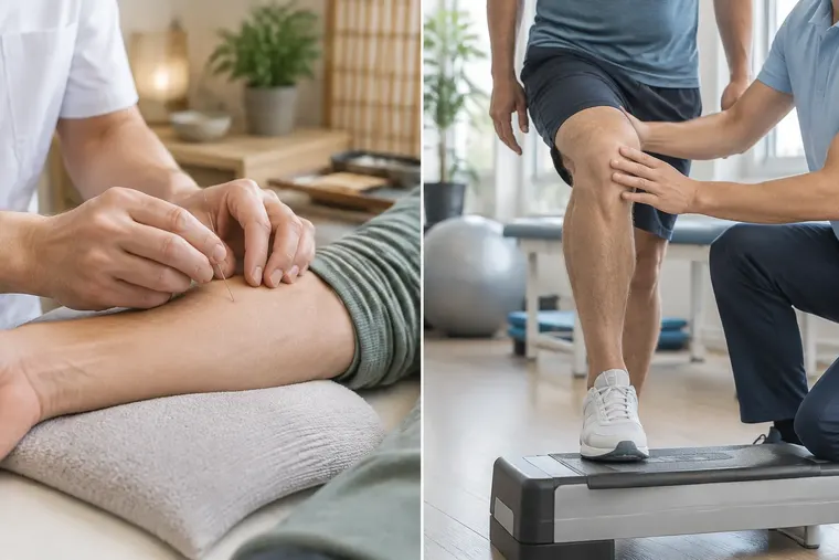 Gegenüberstellung: links Akupunktur, rechts Physiotherapie