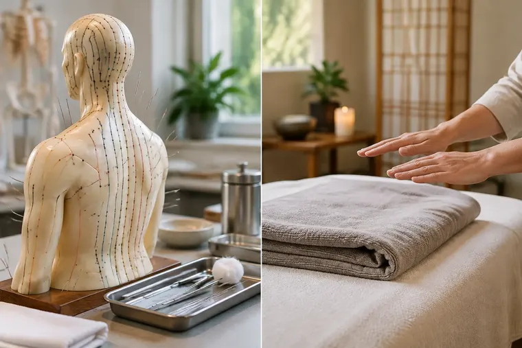 Gegenüberstellung: links Akupunktur, rechts Reiki