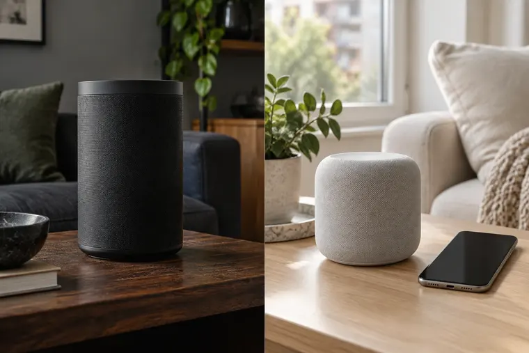 Gegenüberstellung: links Alexa, rechts Google Assistant