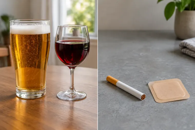 Gegenüberstellung: links Alkohol, rechts Nikotin
