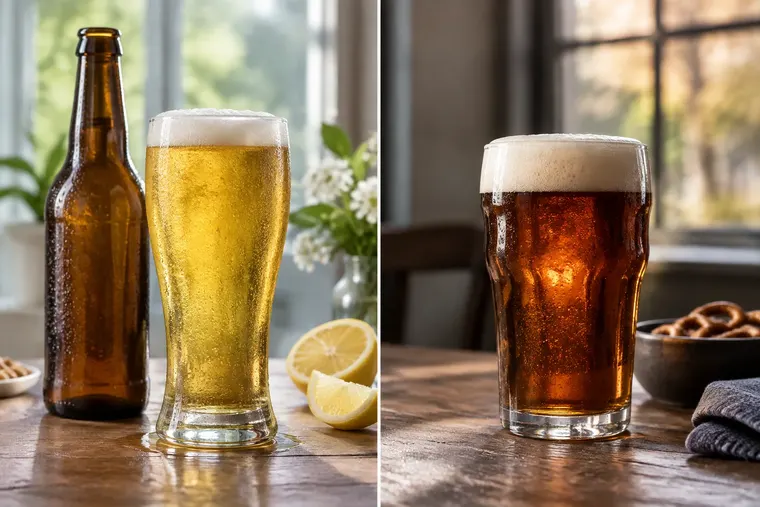Gegenüberstellung: links alkoholfreies Bier, rechts normales Bier