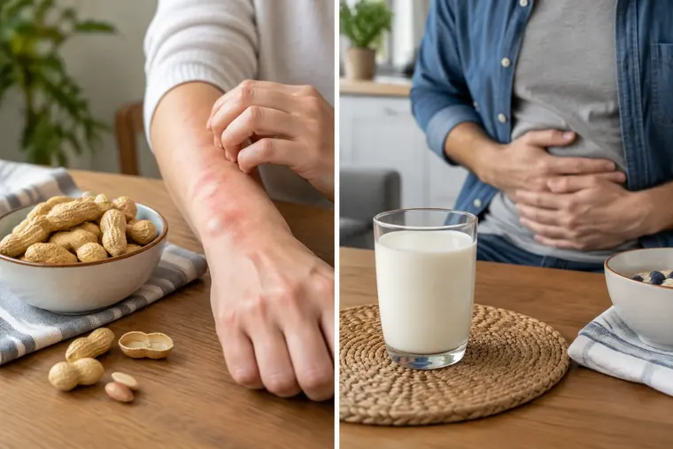 Gegenüberstellung: links Allergie, rechts Lebensmittelunverträglichkeit