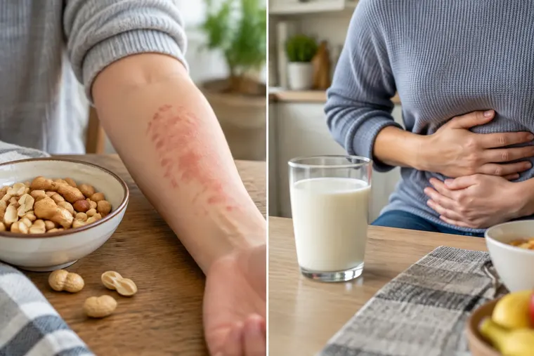 Gegenüberstellung: links Allergie, rechts Unverträglichkeit