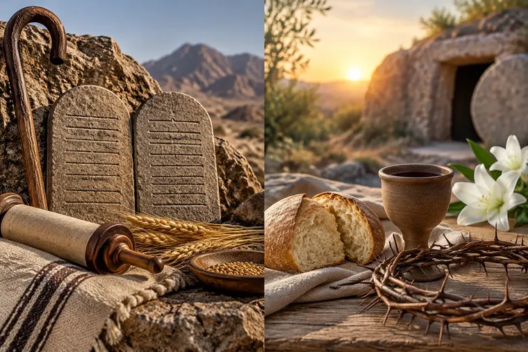 Gegenüberstellung: links Altes Testament, rechts Neues Testament