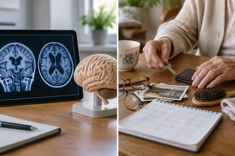 Gegenüberstellung: links Alzheimer, rechts Demenz