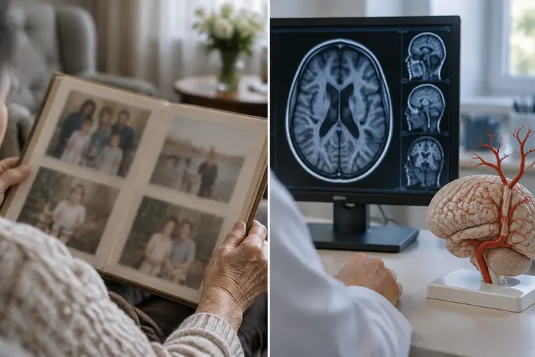 Gegenüberstellung: links Alzheimer, rechts vaskuläre Demenz