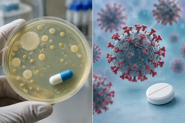 Gegenüberstellung: links Antibiotikum, rechts antivirales Medikament