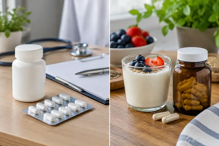 Gegenüberstellung: links Antibiotikum, rechts Probiotikum