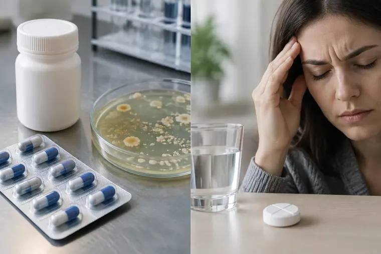 Gegenüberstellung: links Antibiotikum, rechts Schmerzmittel