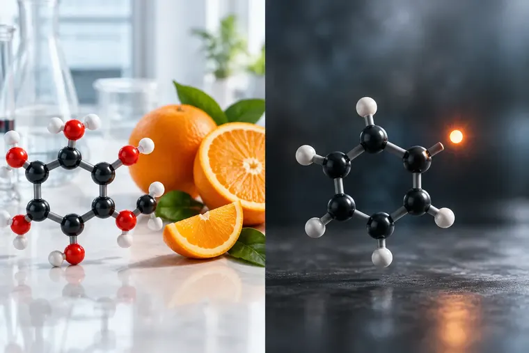 Gegenüberstellung: links Antioxidans, rechts freies Radikal