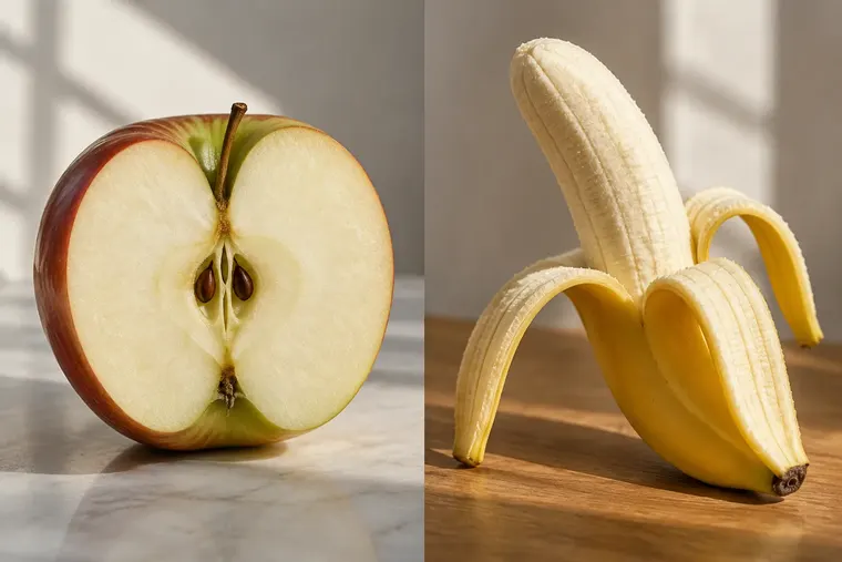 Gegenüberstellung: links Apfel, rechts Banane