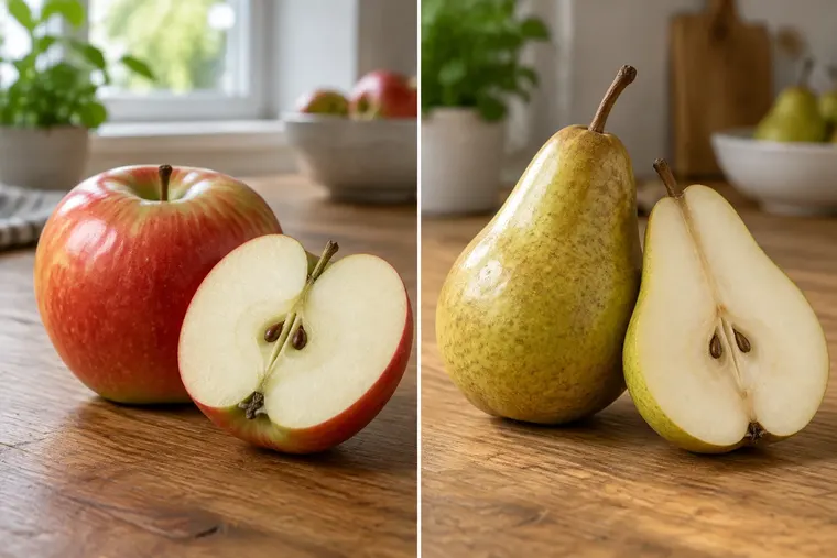 Gegenüberstellung: links Apfel, rechts Birne