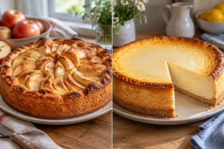 Gegenüberstellung: links Apfelkuchen, rechts Käsekuchen
