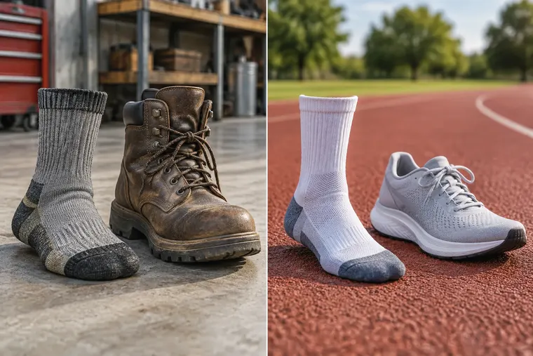 Gegenüberstellung: links Arbeitssocke, rechts Sportsocke