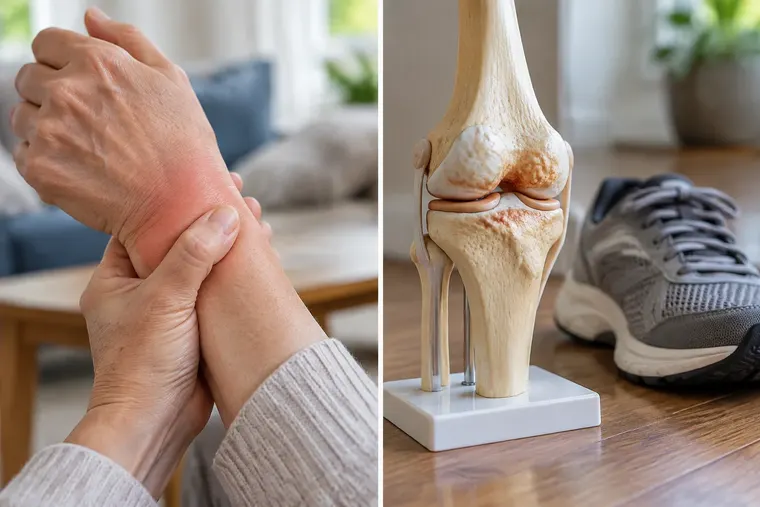 Gegenüberstellung: links Arthritis, rechts Arthrose