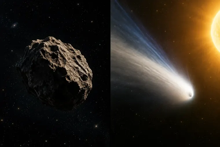 Gegenüberstellung: links Asteroid, rechts Komet