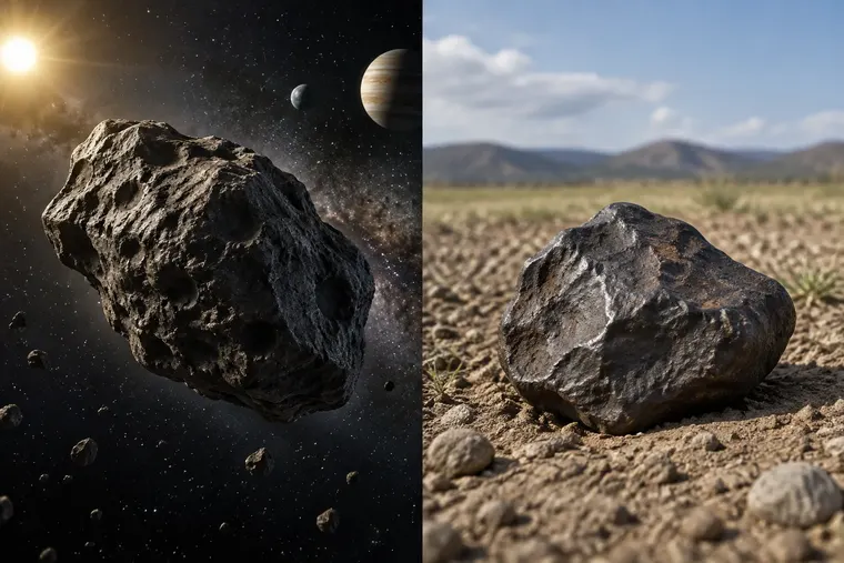 Gegenüberstellung: links Asteroid, rechts Meteorit