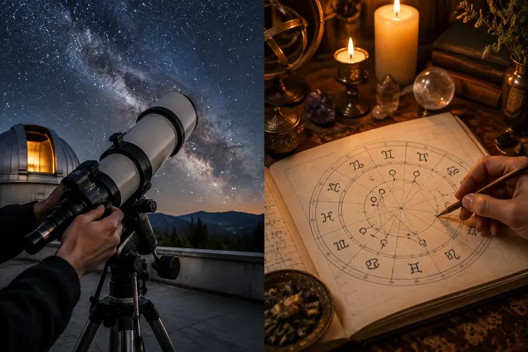 Gegenüberstellung: links Astronomie, rechts Astrologie