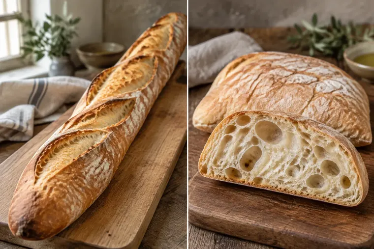 Gegenüberstellung: links Baguette, rechts Ciabatta
