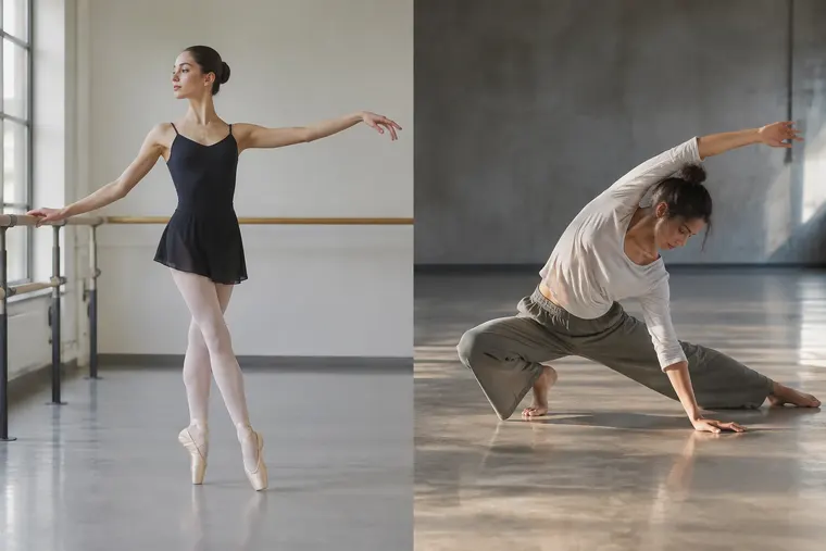 Gegenüberstellung: links Ballett, rechts zeitgenössischer Tanz