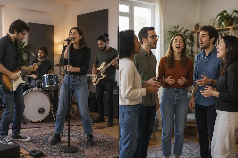 Gegenüberstellung: links Band, rechts Gruppe