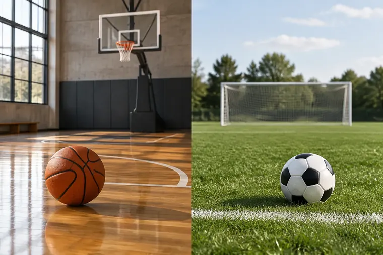 Gegenüberstellung: links Basketball, rechts Fußball