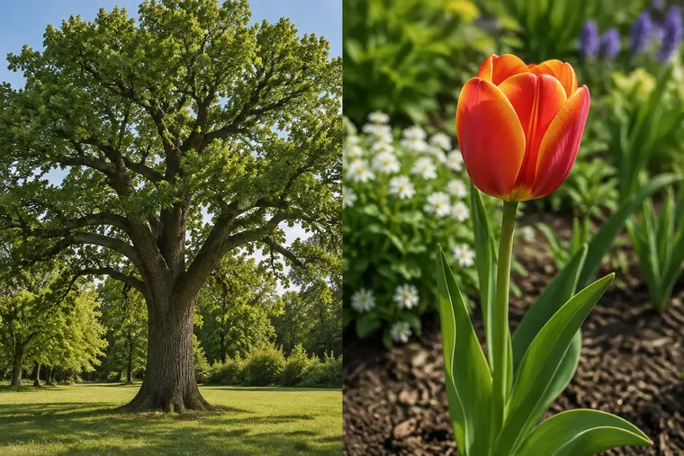 Gegenüberstellung: links Baum, rechts Blume