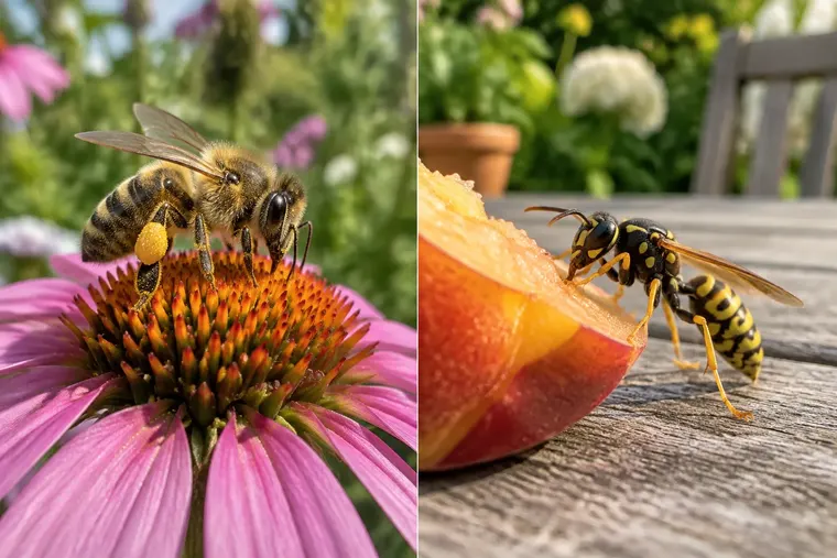 Gegenüberstellung: links Biene, rechts Wespe