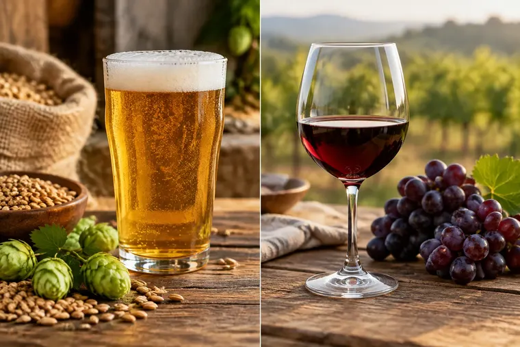 Gegenüberstellung: links Bier, rechts Wein