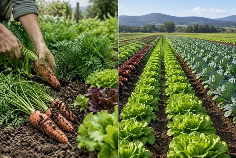 Gegenüberstellung: links Bio-Gemüse, rechts konventionell angebautes Gemüse