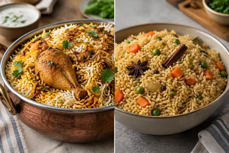 Gegenüberstellung: links Biryani, rechts Pilau