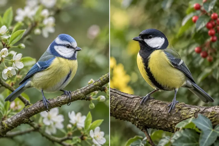 Gegenüberstellung: links Blaumeise, rechts Kohlmeise