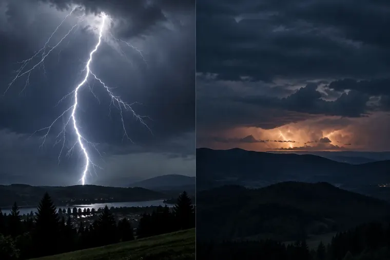 Gegenüberstellung: links Blitz, rechts Wetterleuchten