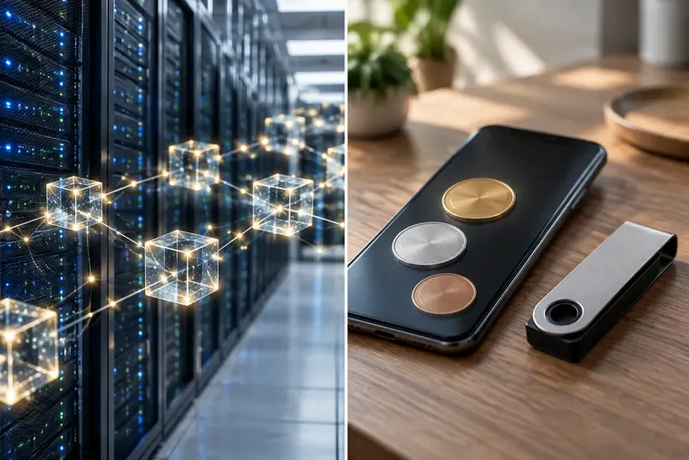 Gegenüberstellung: links Blockchain, rechts Kryptowährung