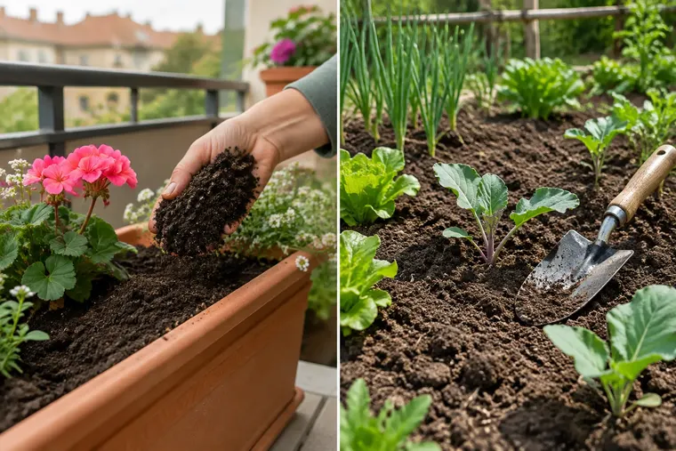 Gegenüberstellung: links Blumenerde, rechts Gartenerde