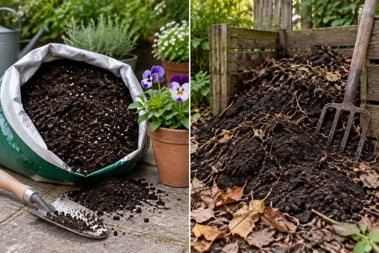 Gegenüberstellung: links Blumenerde, rechts Kompost