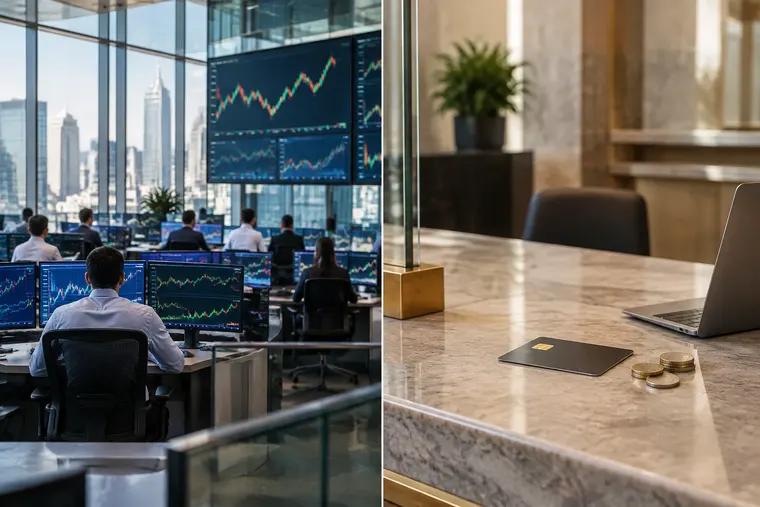 Gegenüberstellung: links Börse, rechts Bank