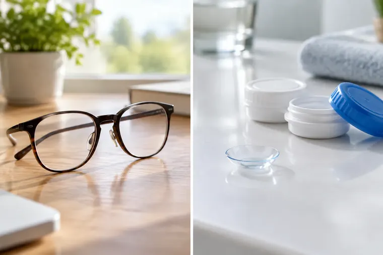 Gegenüberstellung: links Brille, rechts Kontaktlinse