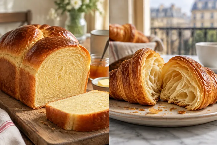 Gegenüberstellung: links Brioche, rechts Croissant