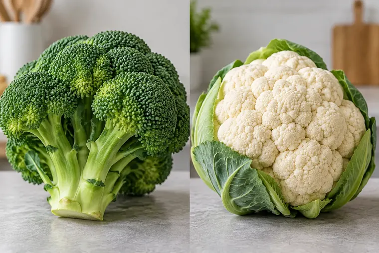 Gegenüberstellung: links Brokkoli, rechts Blumenkohl