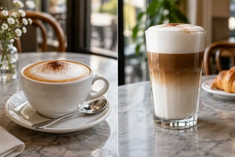 Gegenüberstellung: links Cappuccino, rechts Latte macchiato