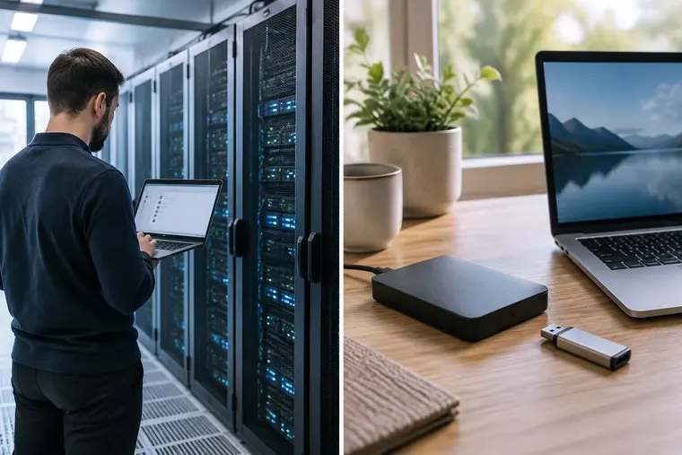 Gegenüberstellung: links Cloud Computing, rechts lokaler Speicher
