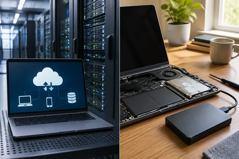 Gegenüberstellung: links Cloud-Speicher, rechts lokaler Speicher