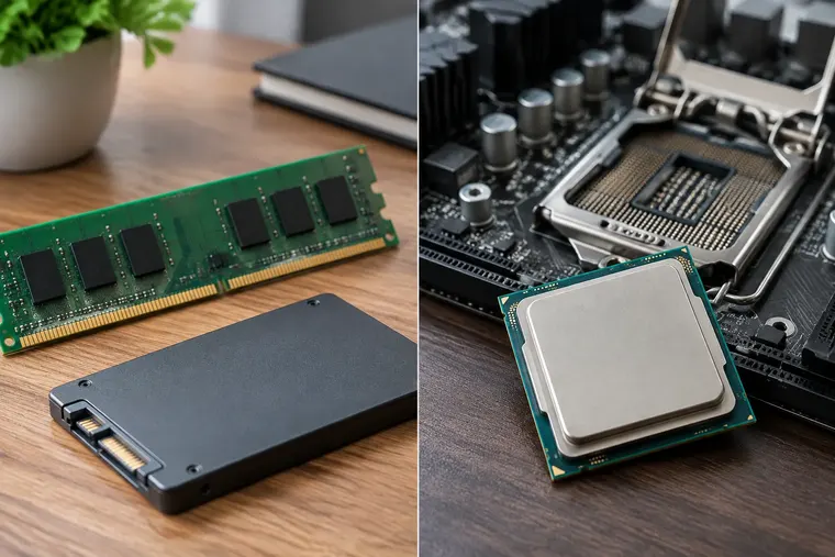 Gegenüberstellung: links Computerspeicher, rechts Computerprozessor