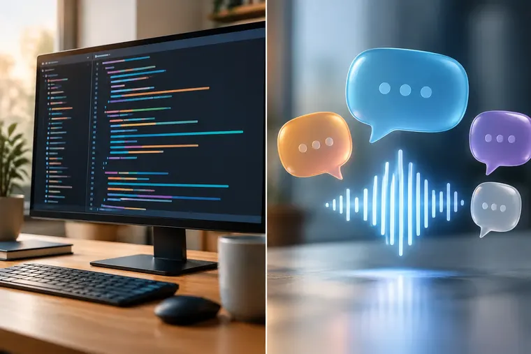 Gegenüberstellung: links Computersprache, rechts menschliche Sprache