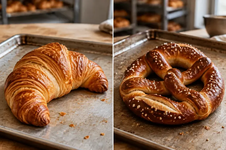 Gegenüberstellung: links Croissant, rechts Brezel
