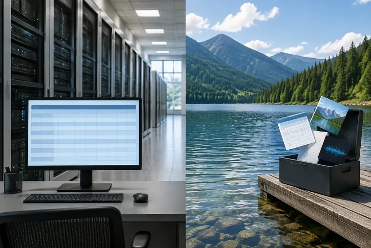 Gegenüberstellung: links Data-Warehouse, rechts Data-Lake