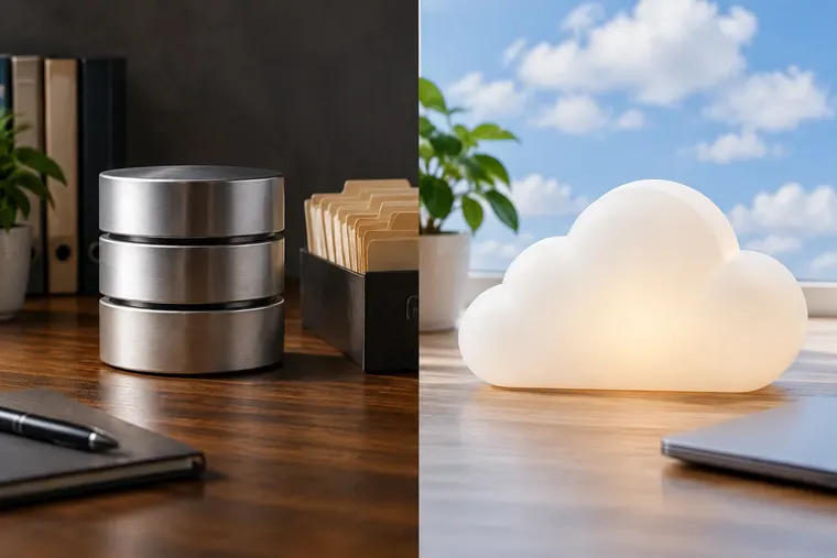 Gegenüberstellung: links Datenbank, rechts Cloud